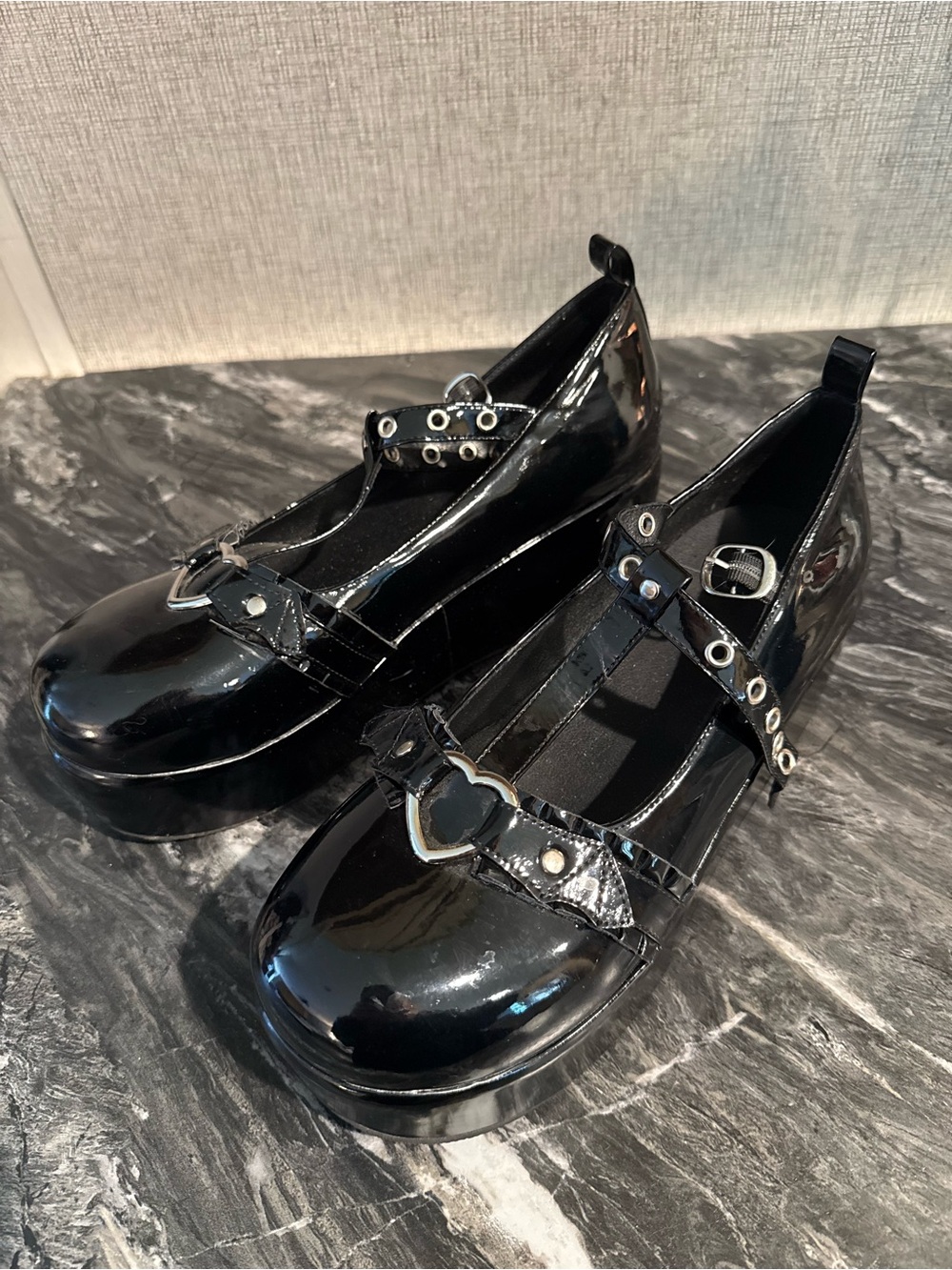 Black Patent Mary Jane Heels with Heart Accent - Picture 4 of 5